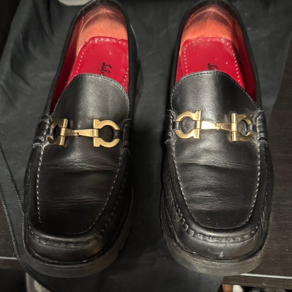 Salvatore Ferragamo Black Loafers with Gold Buckle